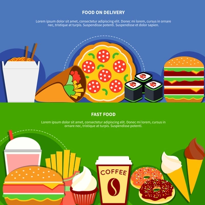 Fast food delivery service 2 flat banners advertisement poster with ice cream sushi cheeseburger 2 isolated vector illustration