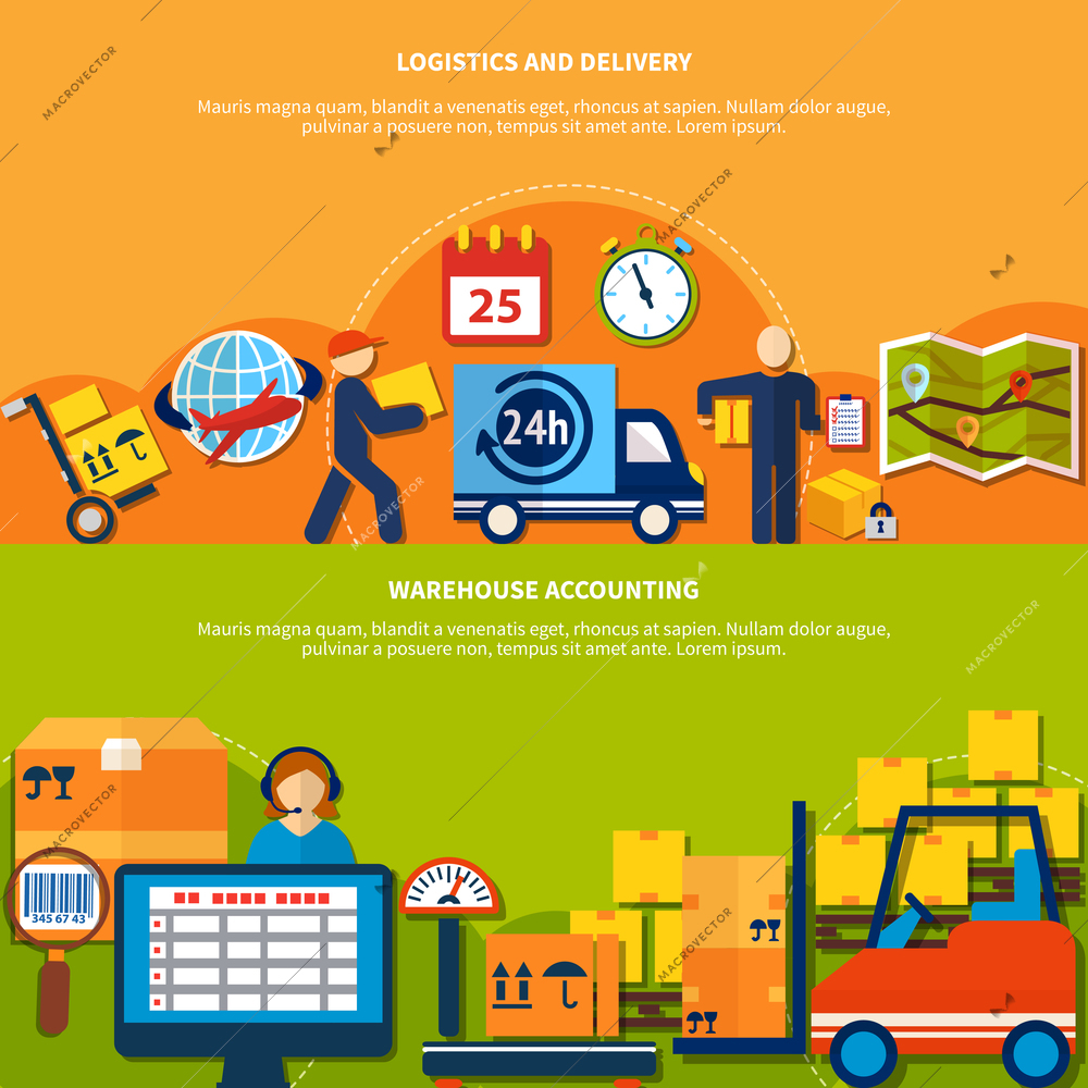 Two warehouse banner set with logistics and delivery and warehouse accounting descriptions vector illustration