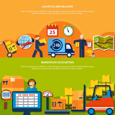 Two warehouse banner set with logistics and delivery and warehouse accounting descriptions vector illustration