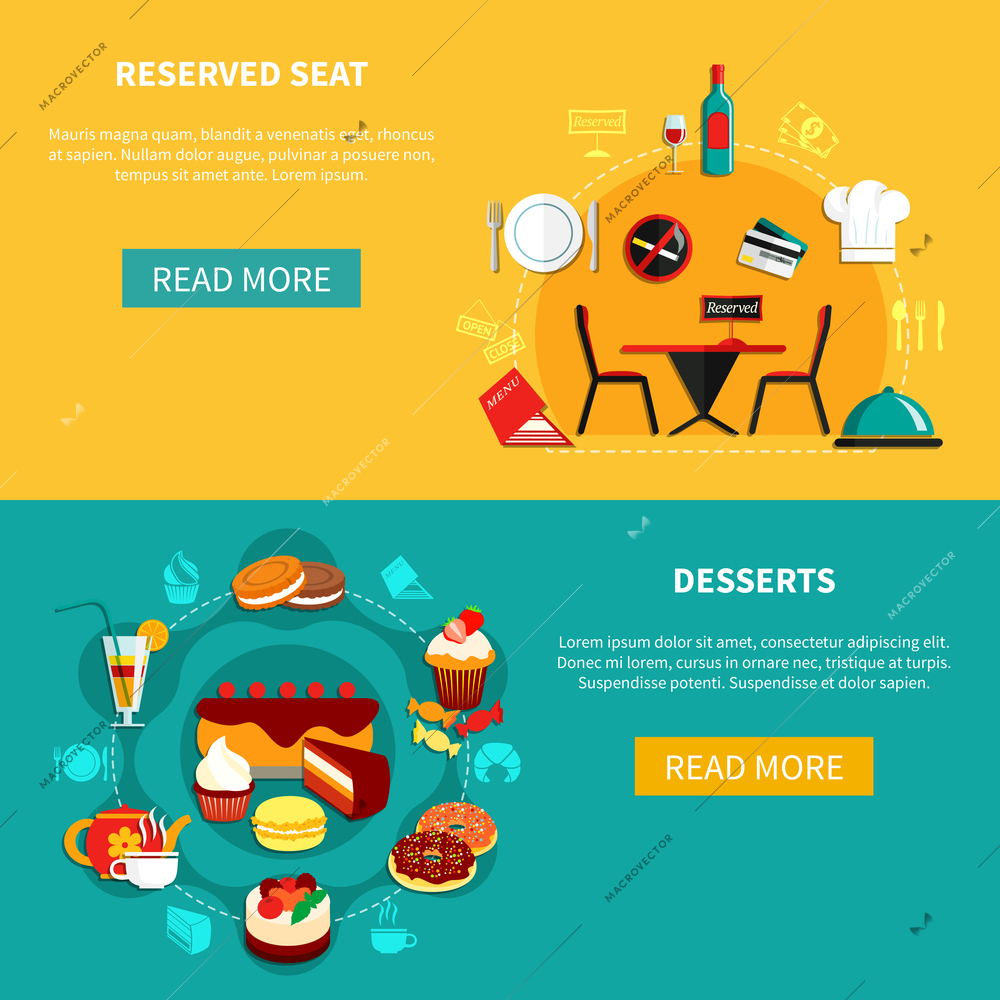 Restaurant desserts and reservation horizontal banners with compositions of flat sweets images with read more button vector illustration