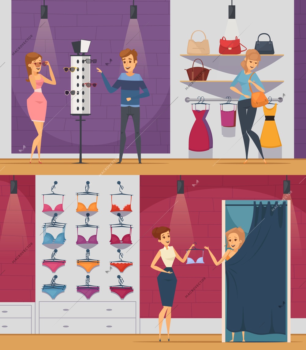 Two horizontal trying shop flat people compositions with girl in lingerie store and girl in shop of accessories vector illustration