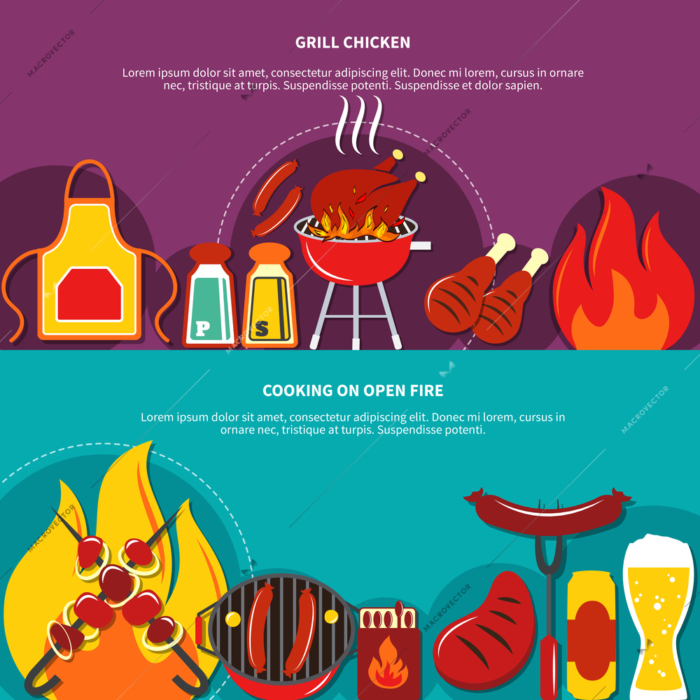 Grill chiken and cooking on open fire flat drawing such dishes as grill chiken roasted meal vector illustration