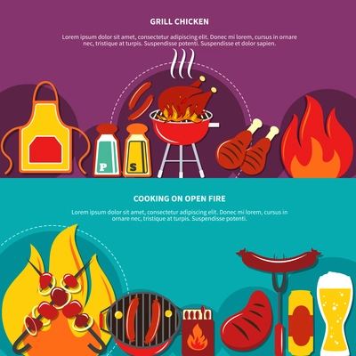 Grill chiken and cooking on open fire flat drawing such dishes as grill chiken roasted meal vector illustration