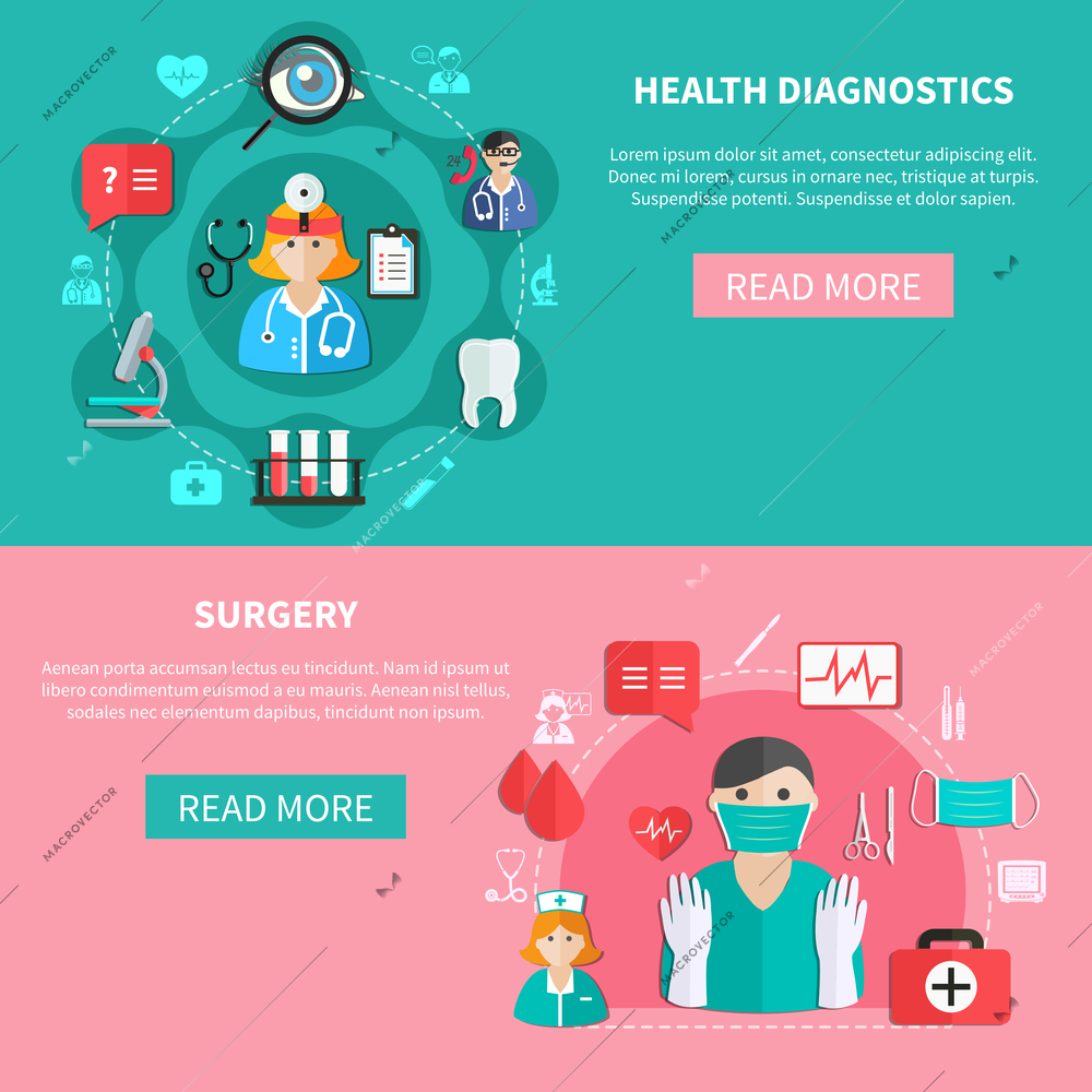 Medicine horizontal flat banners with health diagnostics and surgery on green and pink backgrounds isolated vector illustration