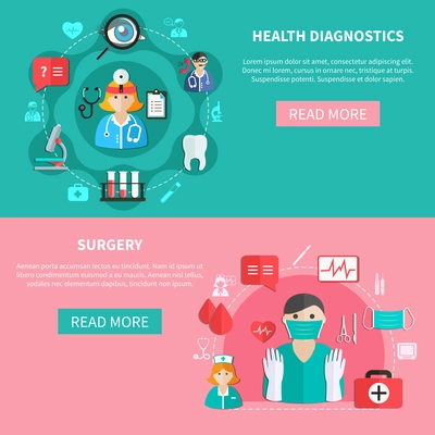 Medicine horizontal flat banners with health diagnostics and surgery on green and pink backgrounds isolated vector illustration