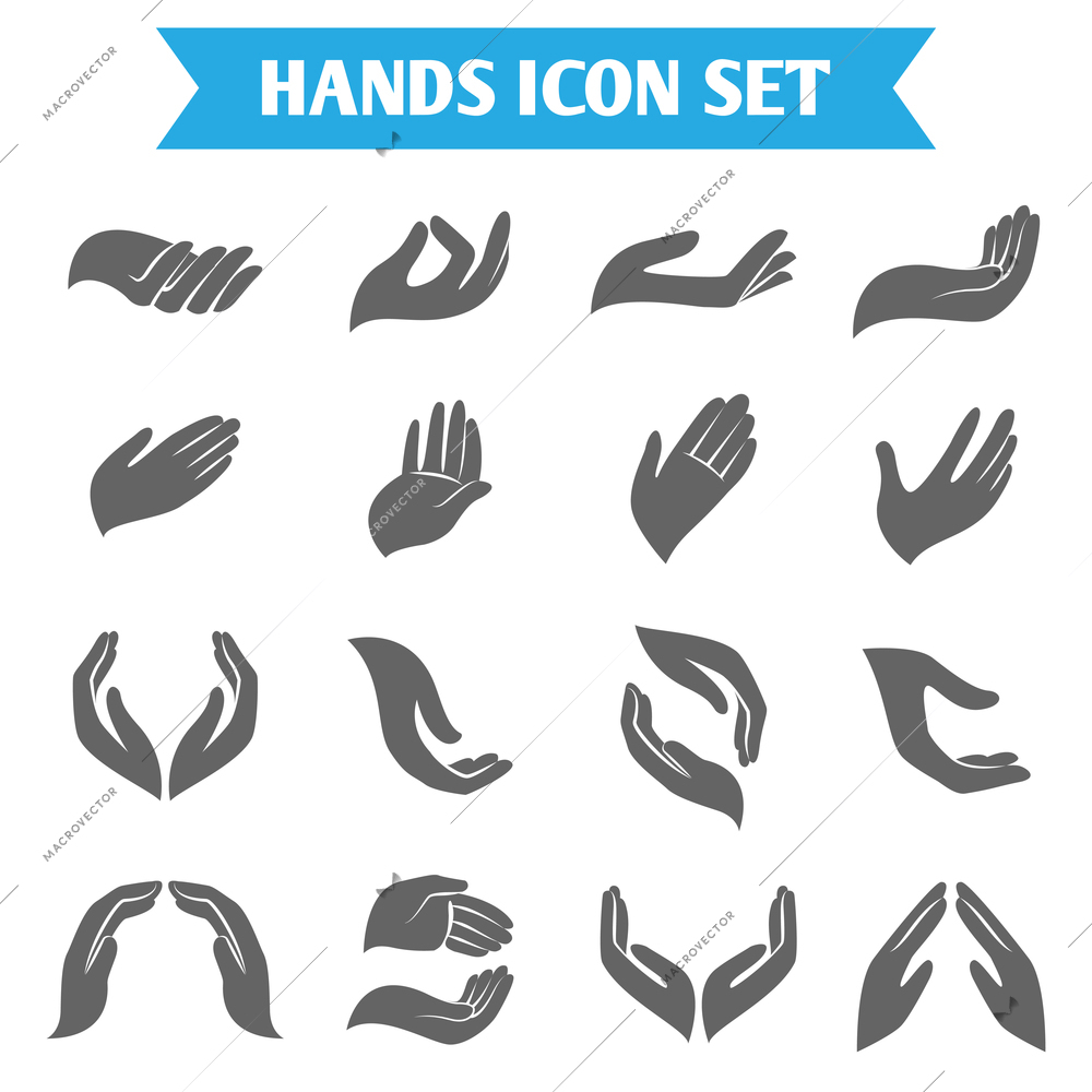 Open empty hands holding protect giving gestures icons set isolated vector illustration