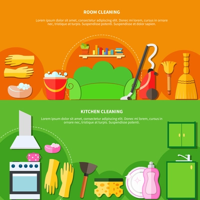 Two colorful horizontal banners set with flat living room kitchen furniture equipment and cleaning agents images vector illustration