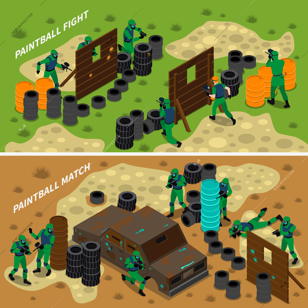 Paintball isometric banners with fight and match between teams with protective equipment and weapon isolated vector illustration