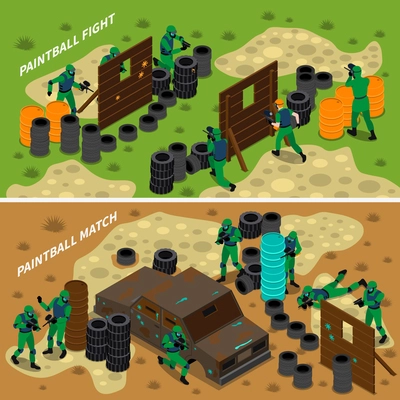 Paintball isometric banners with fight and match between teams with protective equipment and weapon isolated vector illustration