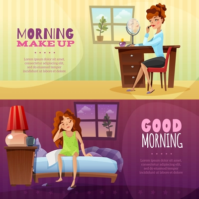 Good morning and morning make up horizontal banners with cartoon young girl awakening and applying lipstick flat vector illustration