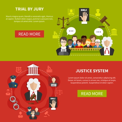 Two horizontal flat law banner set with trial by jury and justice system descriptions vector illustration