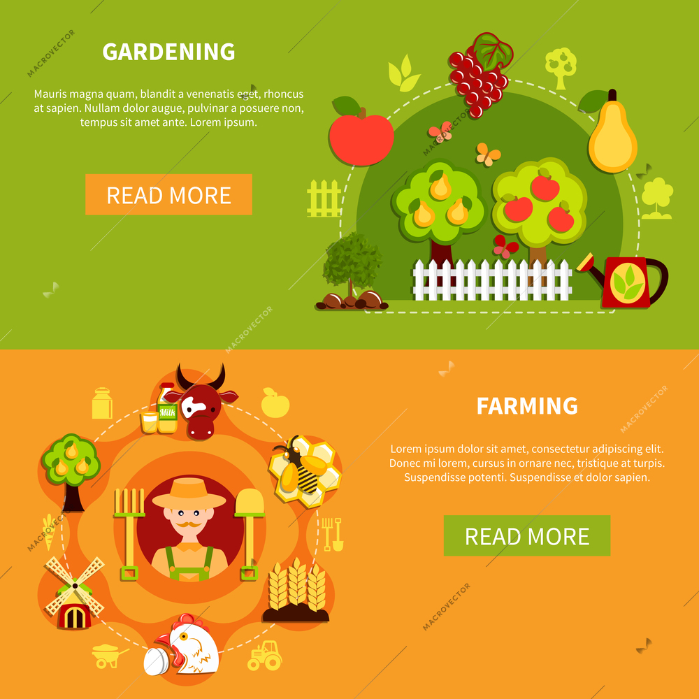 Agriculture horizontal banners set with round compositions of farm icons with text and read more button vector illustration