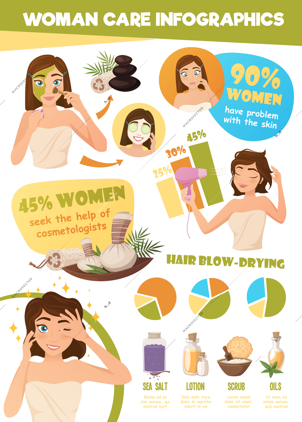 Woman morning routine infographics with hair and skin care images of cartoon girl character with diagrams vector illustration