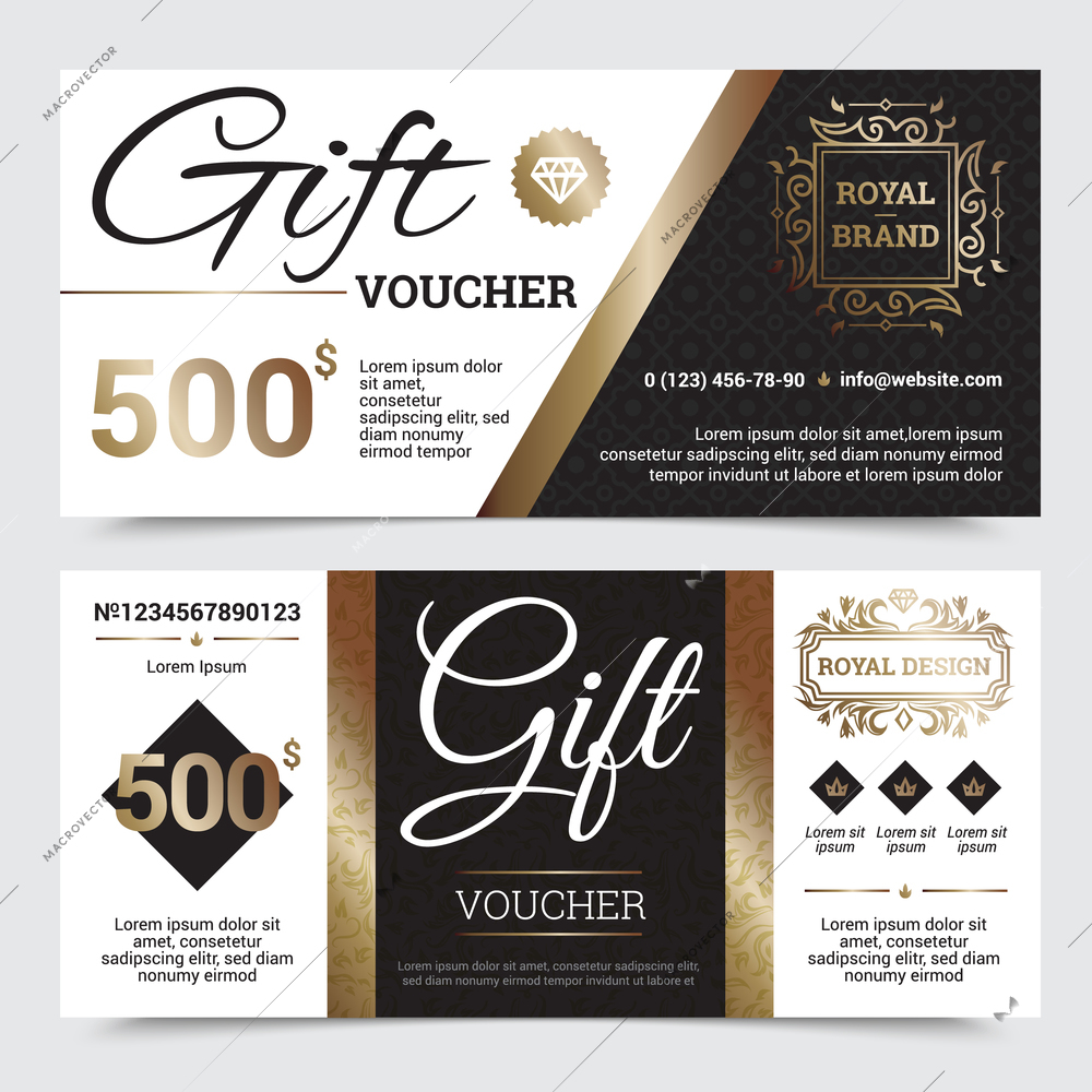 Gift coupon royal design with golden elements ornate frames and textures crowns and diamond isolated vector illustration