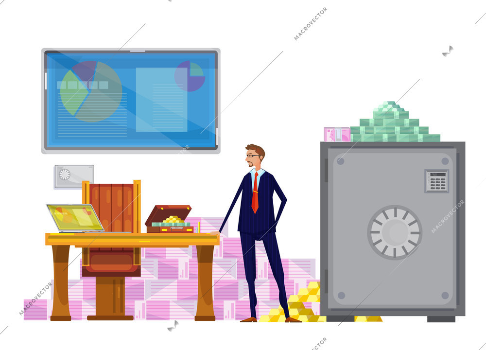 Flat composition with financial worker character in private office environment with closed safebox and money pyramids vector illustration