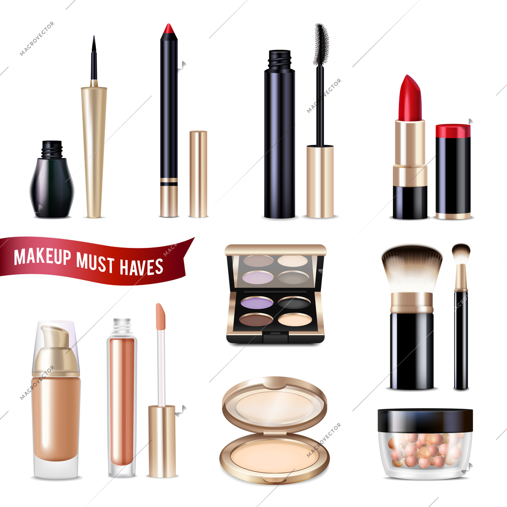 Makeup realistic items set with powder eyeliner and lip gloss isolated vector illustration