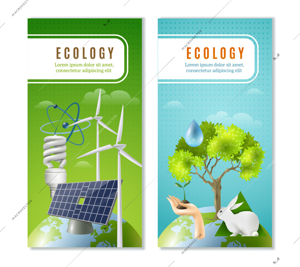 Clean sustainable and renewable green energy sources and environment protection 2 vertical ecological banners isolated vector illustration
