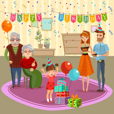 Little girl birthday family celebration with parents grandparents and simple home decorations cartoon old style vector illustration
