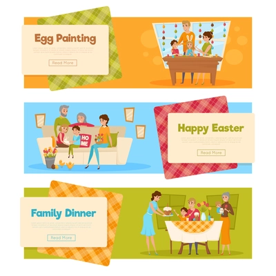 Horizontal set of easter banners with family characters holiday activities with text and read more button vector illustration