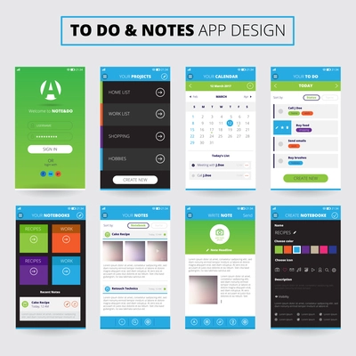 Mobile apps design for notes and projects on smartphone screens with icons and settings isolated vector illustration