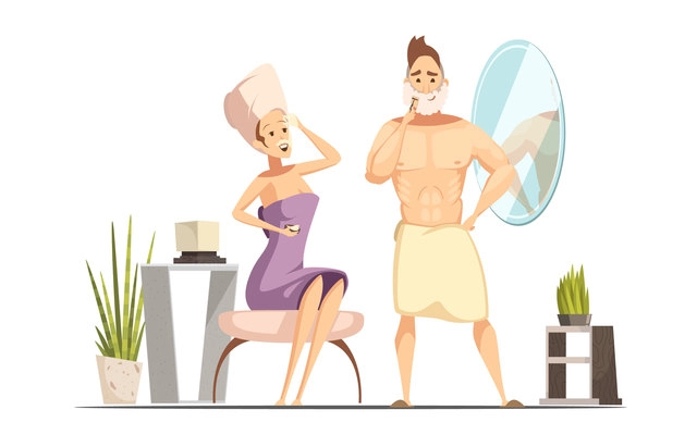 Married couple hygienic hair removal procedure in family bathroom together with wet shaving man cartoon vector illustration