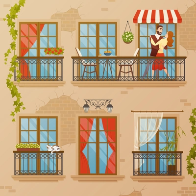 Classical architecture balconies set with flat image of townhouse wall with bricks windows decorations and bindweed vector illustration