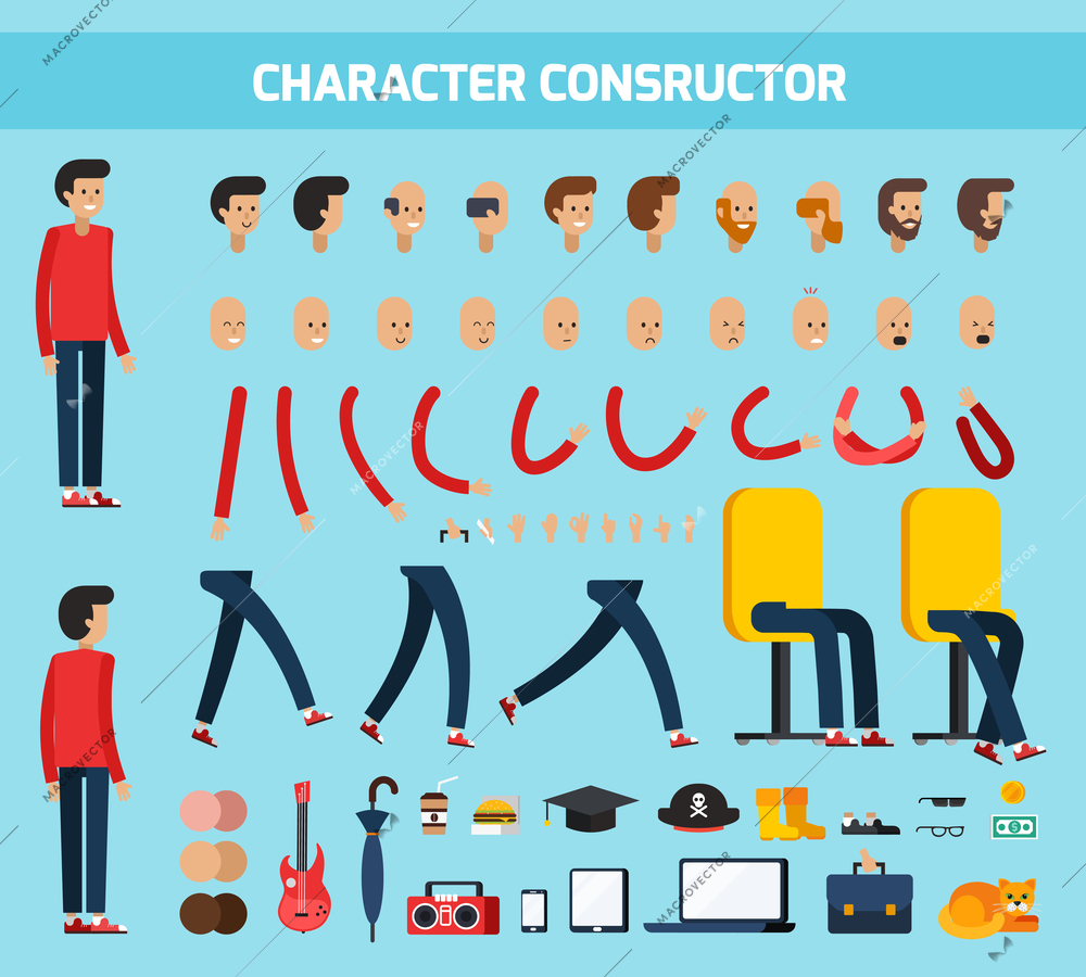 Colored isolated male character constructor flat composition with character constructor headline vector illustration