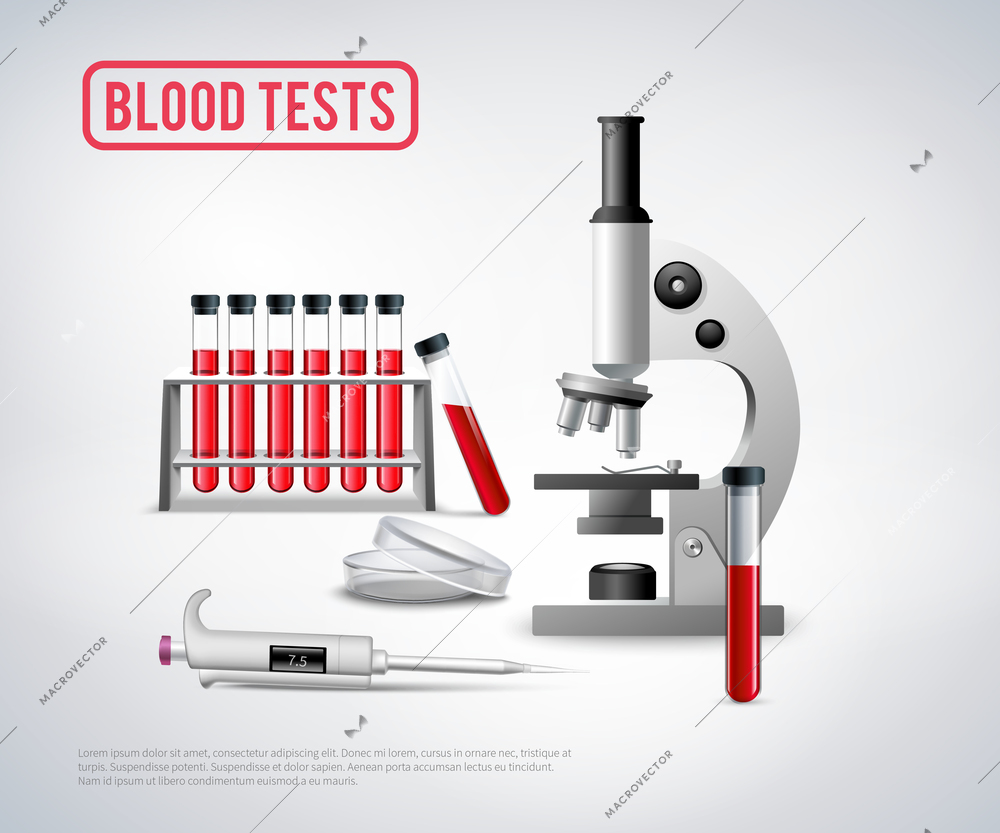 Medical realistic background with microscope unit and set of glass vials filled with blood for testing vector illustration