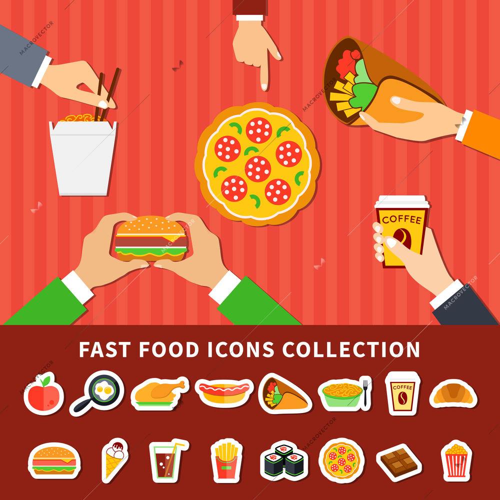 Fast food menu icons collection with hands holding hamburger and coffee cup 2 flat banners poster vector illustration