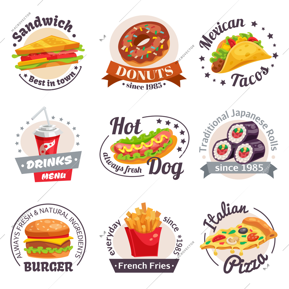 Fast food set of labels with burgers hotdogs japanese rolls drinks and design elements isolated vector illustration