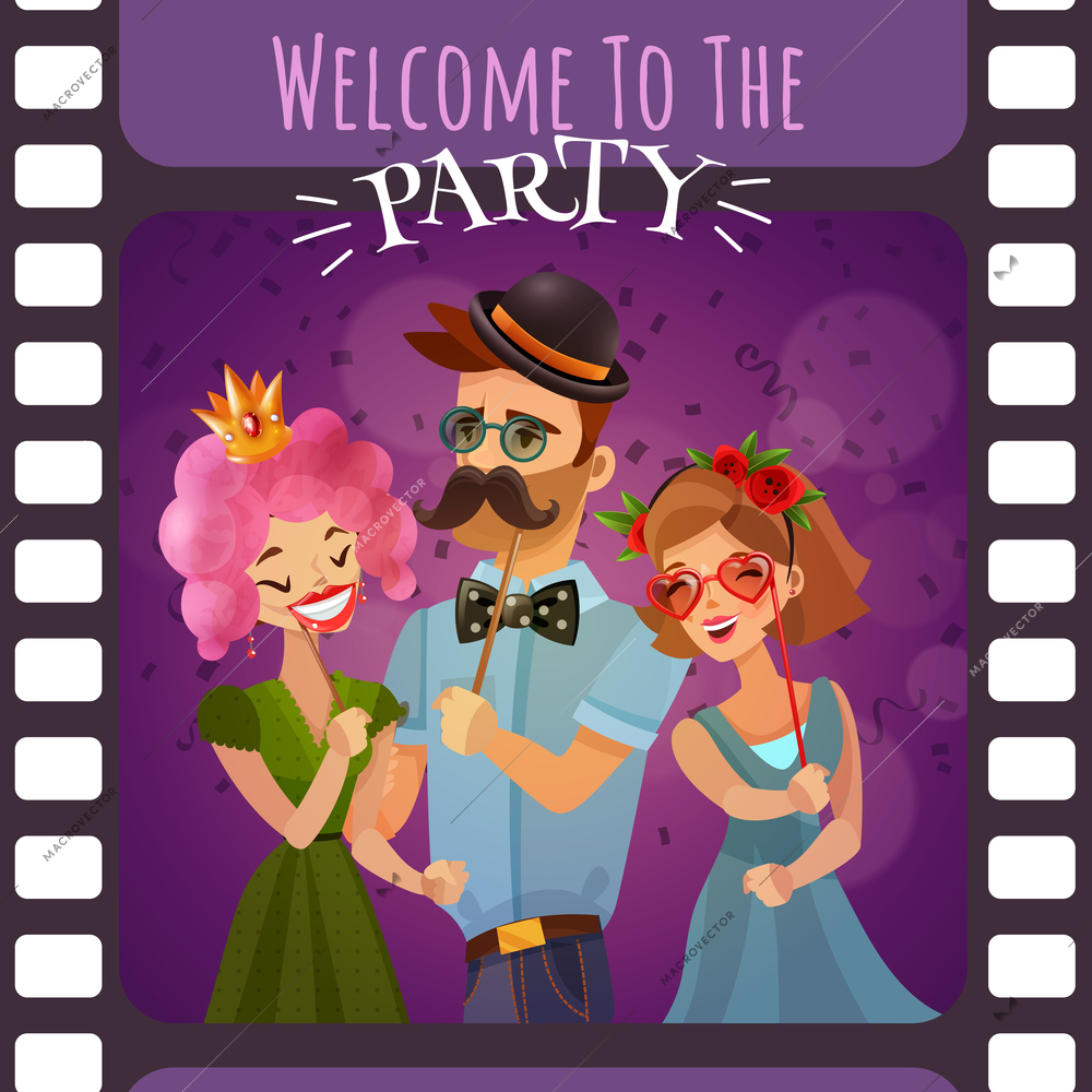 Photo booth party invitation in form of frame of photographic film with happy cartoon people dressed in carnival costumes vector illustration