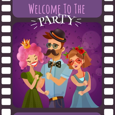 Photo booth party invitation in form of frame of photographic film with happy cartoon people dressed in carnival costumes vector illustration