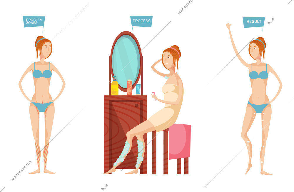 Young woman in front of mirror before and after epilation or depilation isolated on white background flat vector illustration