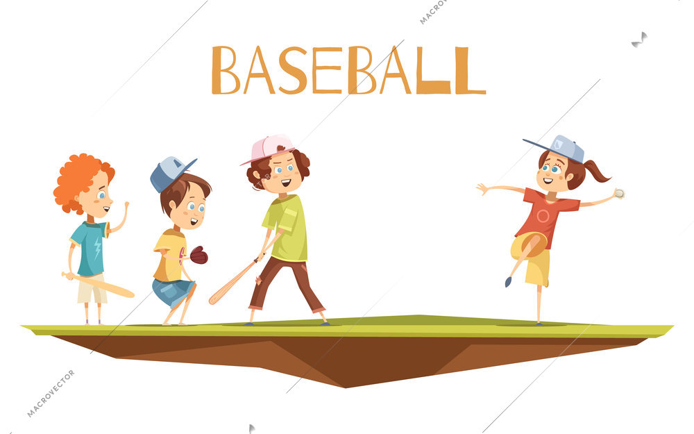 Kids playing baseball flat vector illustration in cartoon style with cute characters engaged in game