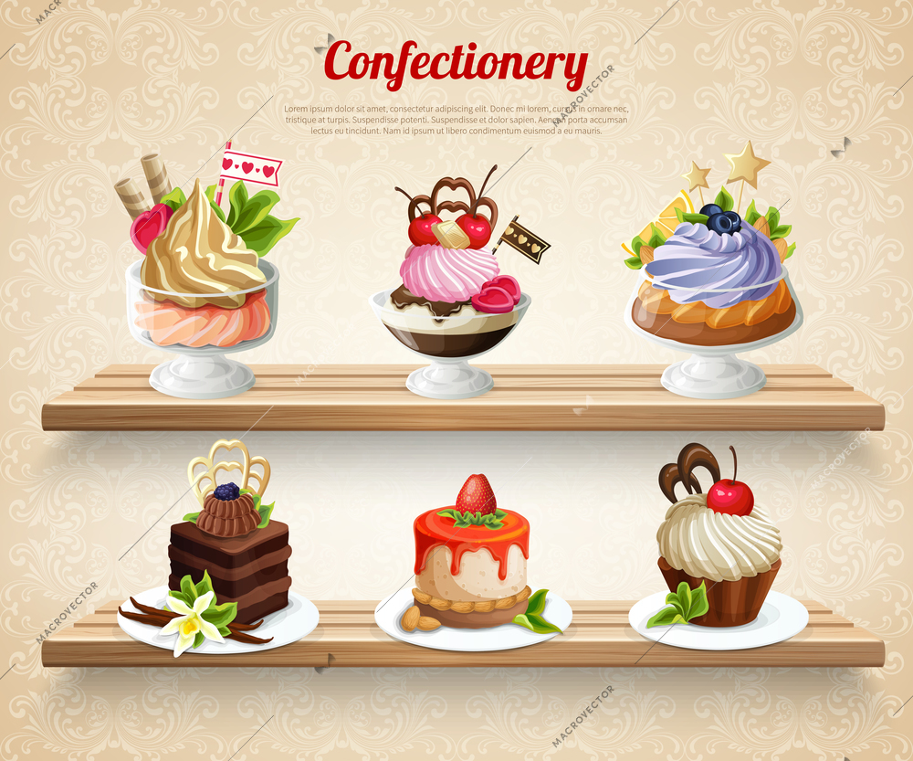 Confectionery with colorful desserts and yummy cakes on wooden shelves on textured beige background vector illustration