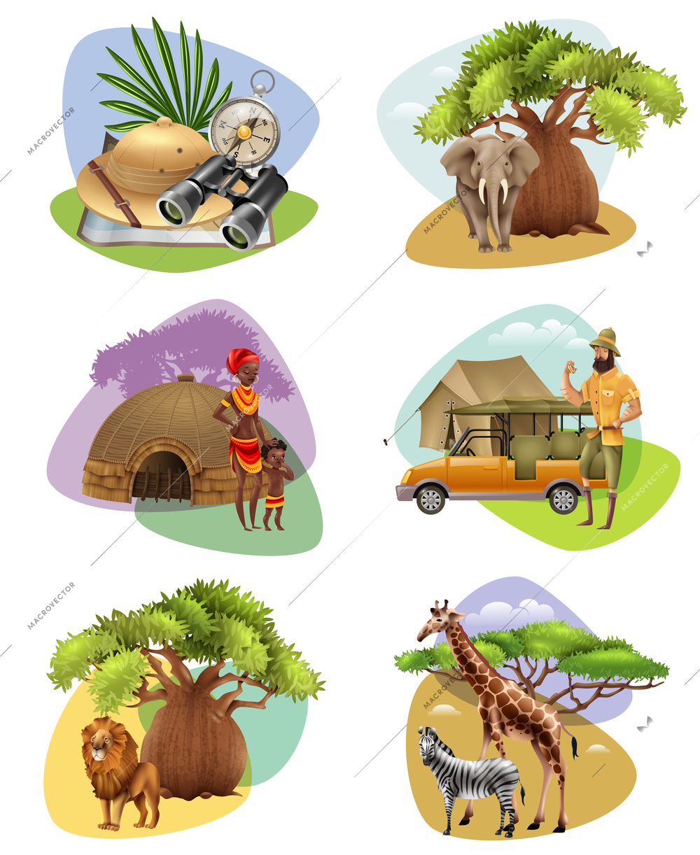 Collection of decorative mini compositions on safari theme with african animals aborigines and  hunter cartoon vector illustration