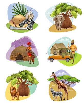 Collection of decorative mini compositions on safari theme with african animals aborigines and  hunter cartoon vector illustration