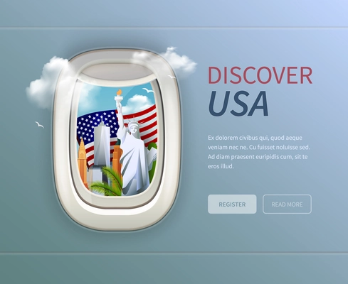 USA porthole background with discover usa headline and register and read more buttons vector illustration