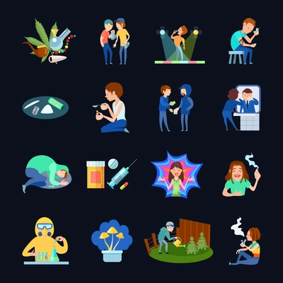 Narcotic isolated icons set with drug abuse cartoon people characters and marijuana heroine magic mushrooms images vector illustration
