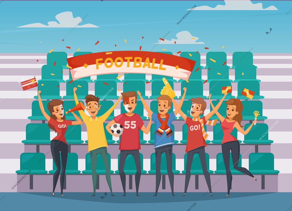 Colored fan rooter buff composition with people who standing in front of the football field bleachers vector illustration