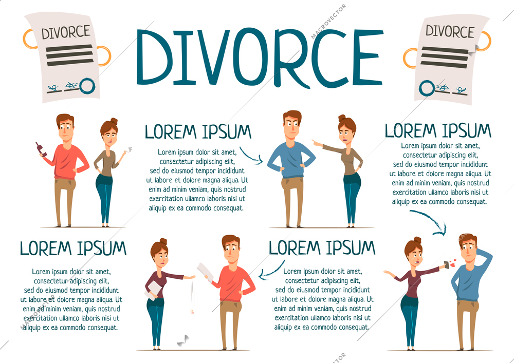 Divorce rate marriage infographics with cartoon partner characters of wife and husband with editable paragraphs of text vector illustration