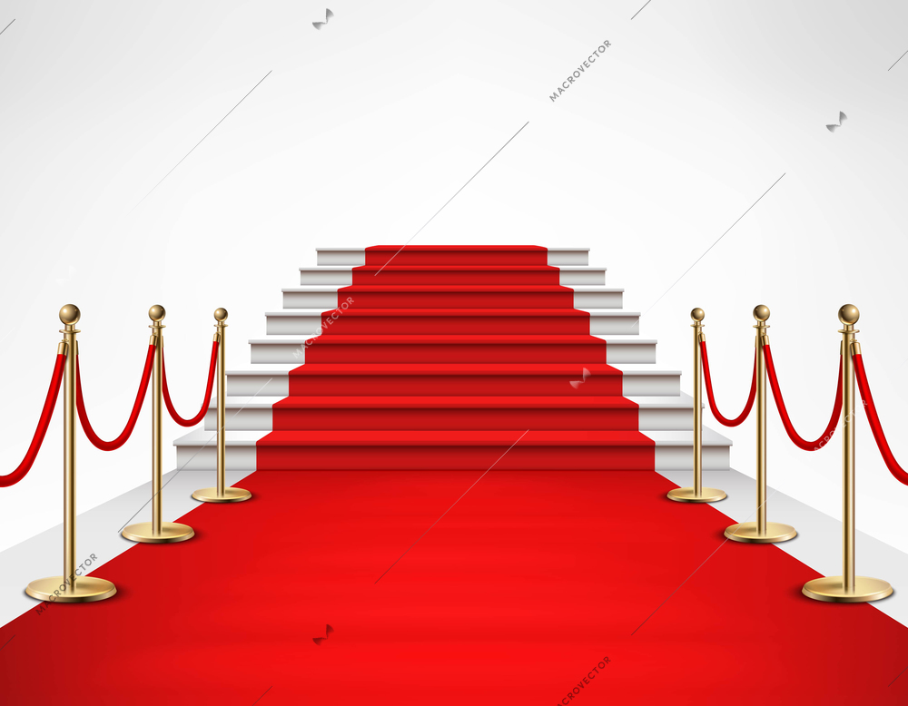 Red carpet event with white marble stairs and gold queue rope barriers posts stands realistic vector illustration