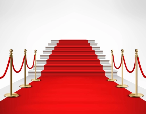 Red carpet event with white marble stairs and gold queue rope barriers posts stands realistic vector illustration