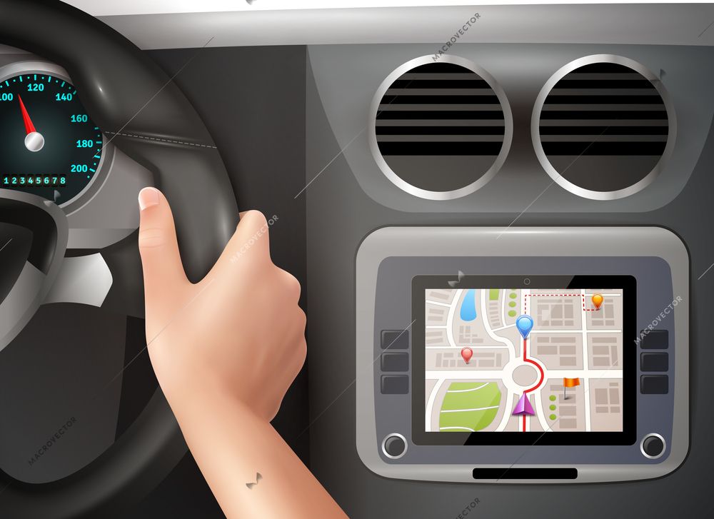 Realistic vector illustration of driver hands holding steering wheel with gps navigator in  cockpit car panel