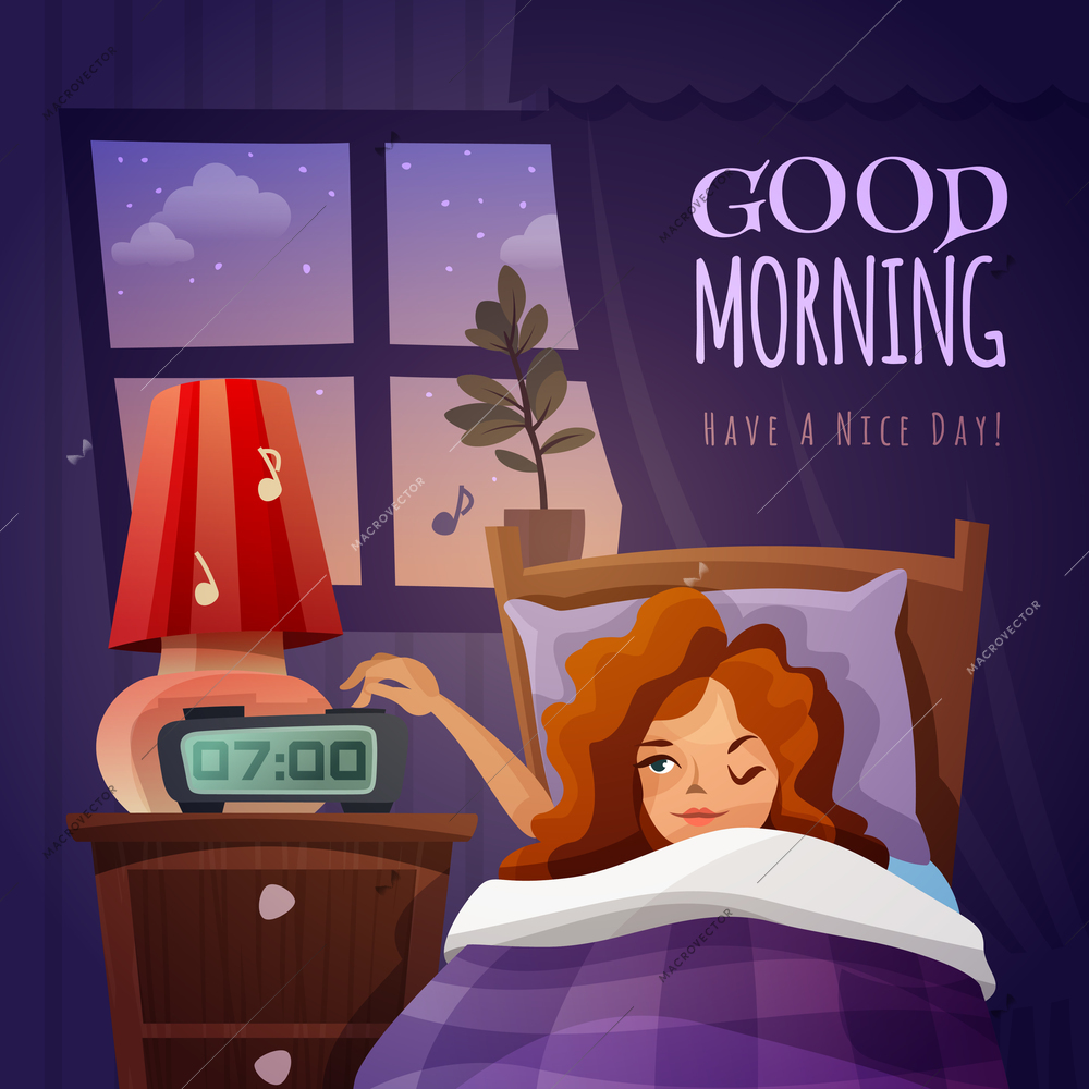 Good morning design composition with awakening cartoon girl and wishing nice day flat vector illustration