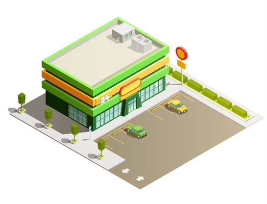 Department store supermarket light green modern building exterior outdoor isometric view with adjacent parking lot vector illustration