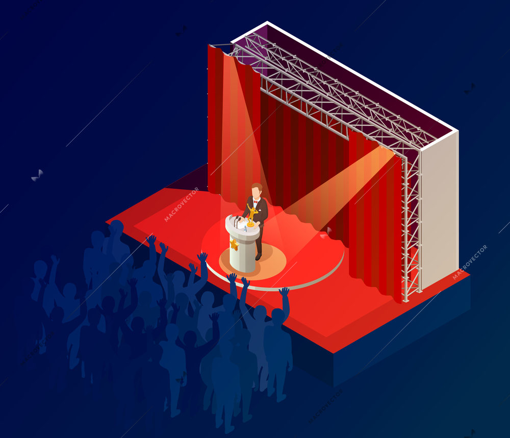 Music award ceremony isometric dark blue background poster with  winner onstage speech in red spotlights vector illustration