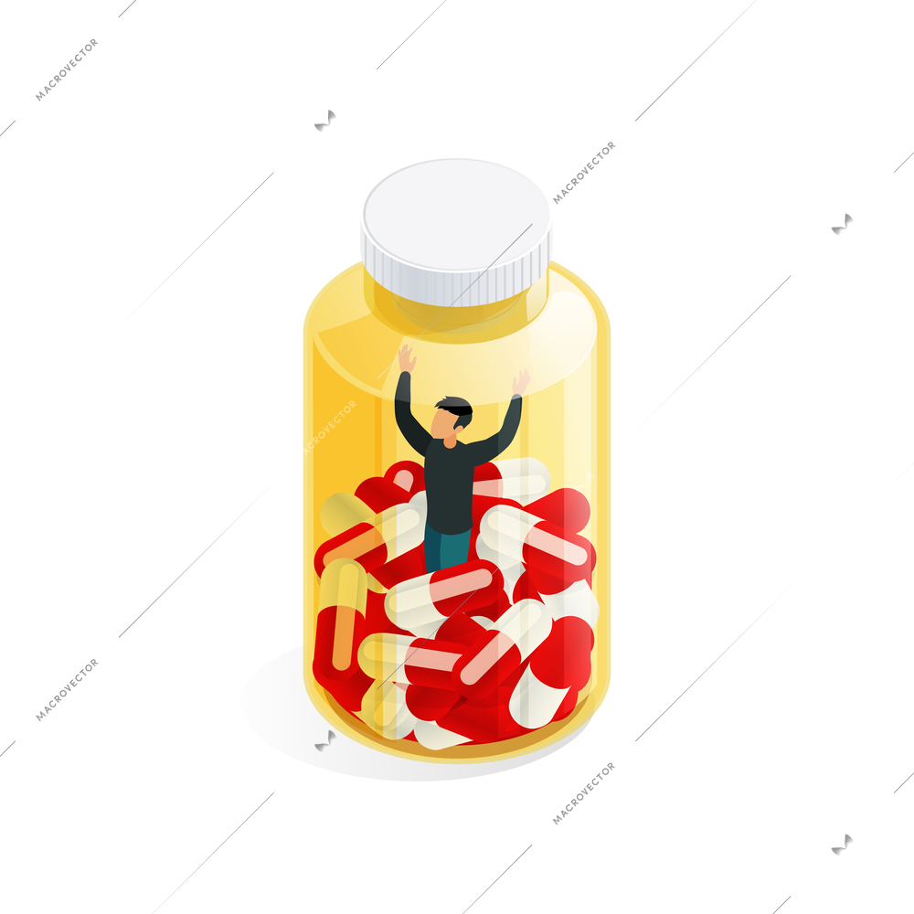 Pharmacy conceptual composition with pills bunch and faceless gesticulating male character inside the sealed transparent vial vector illustration