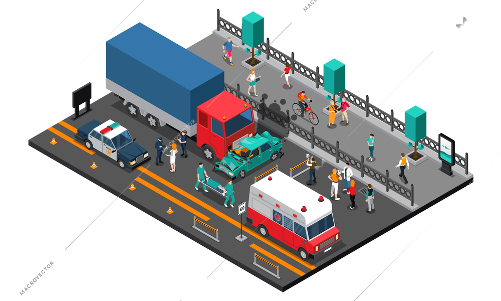 Road crash design with truck and car police and ambulance injured persons on stretcher  isometric vector illustration