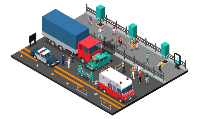 Road crash design with truck and car police and ambulance injured persons on stretcher  isometric vector illustration